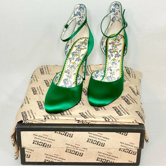 Gucci Emerald Green Satin Ankle Strap D’Orsay Heels Women’s 9.5 With Box